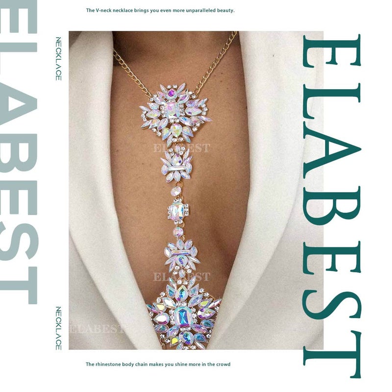 ELABEST Boho Rhinestone Statement Chest Chain Crystal Necklace Body Chain Summer Beach Body Jewelry Accessories for Women (AB Colorful) - Image 4